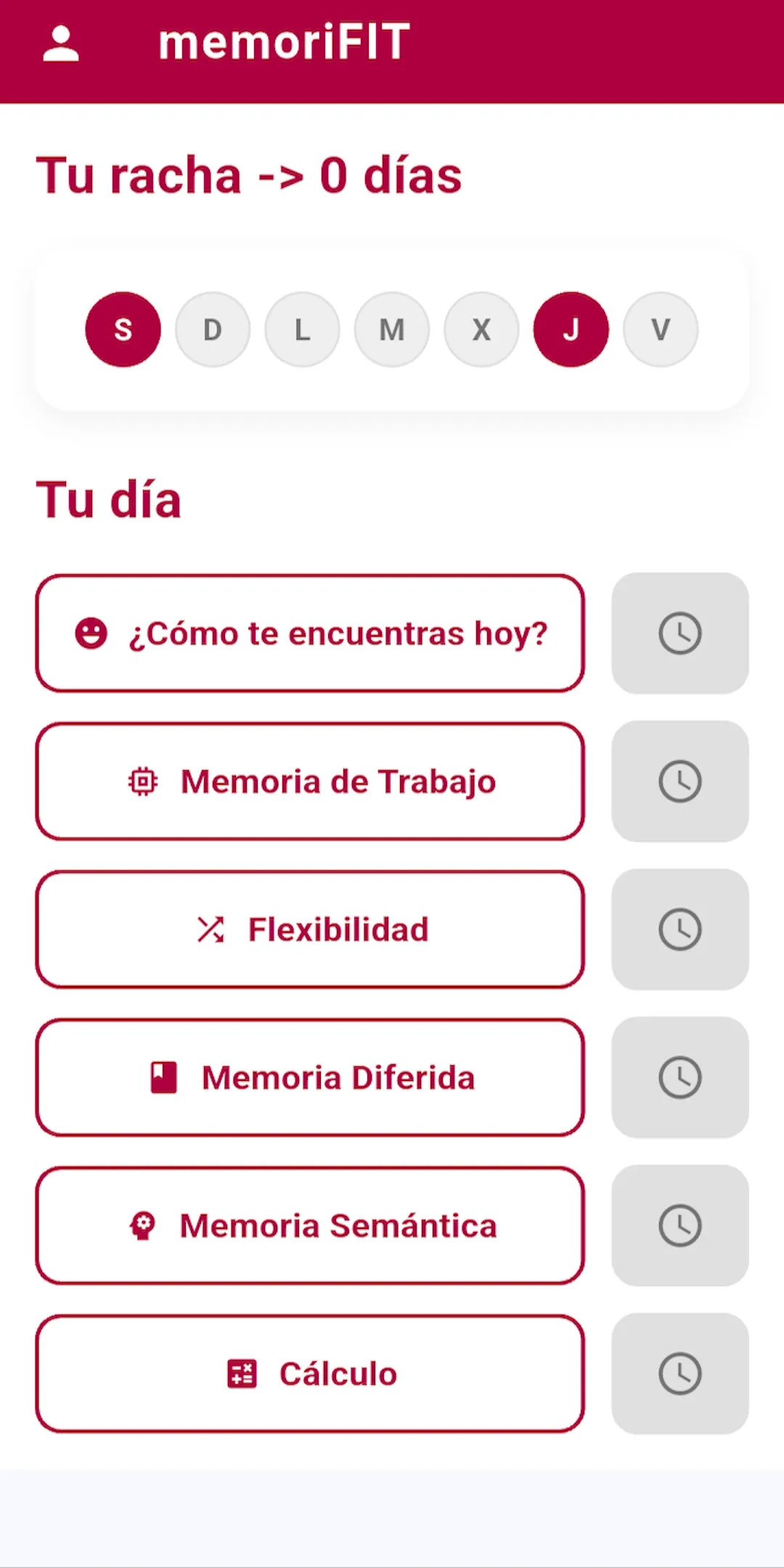 memoriFIT en Android — lista de retos cognitivos del día