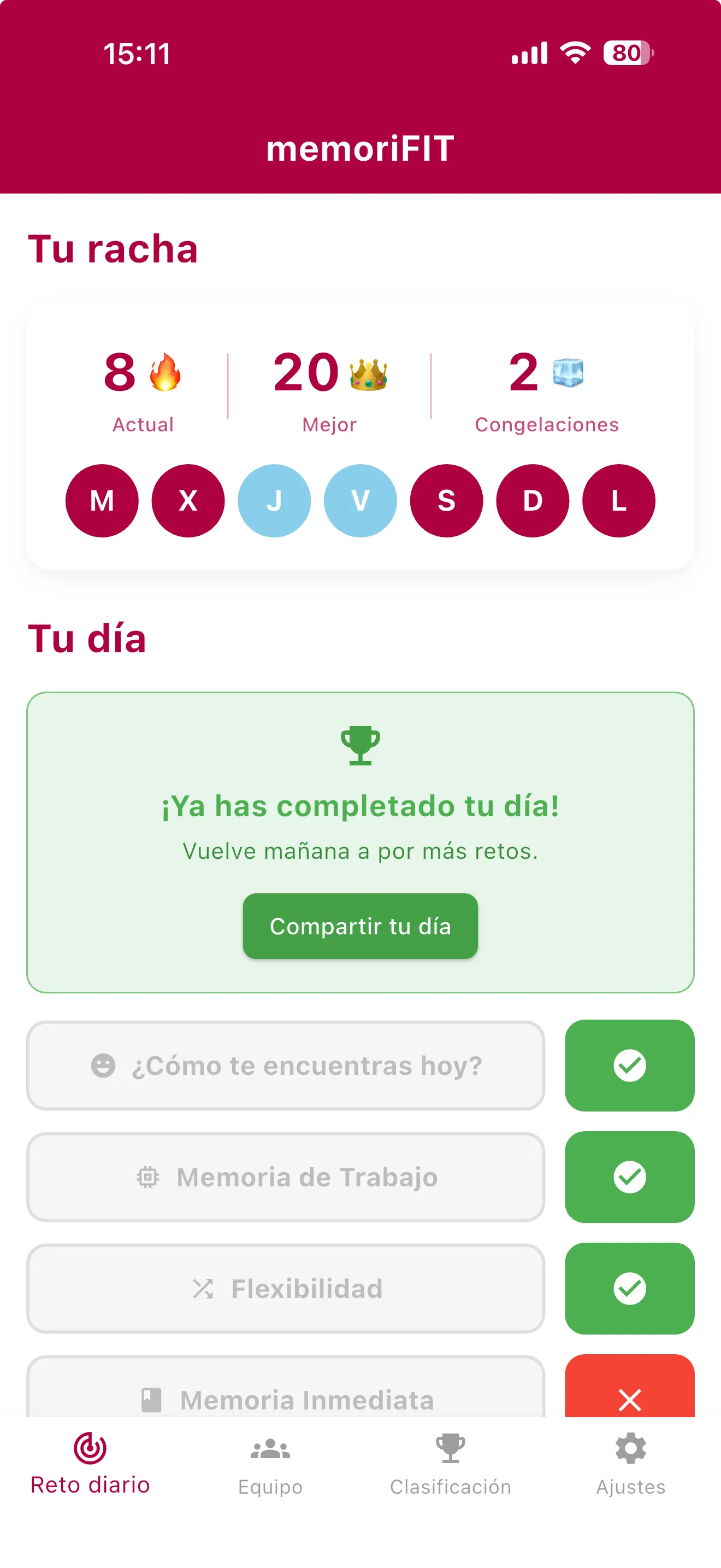 memoriFIT en iOS — racha, retos y progreso diario