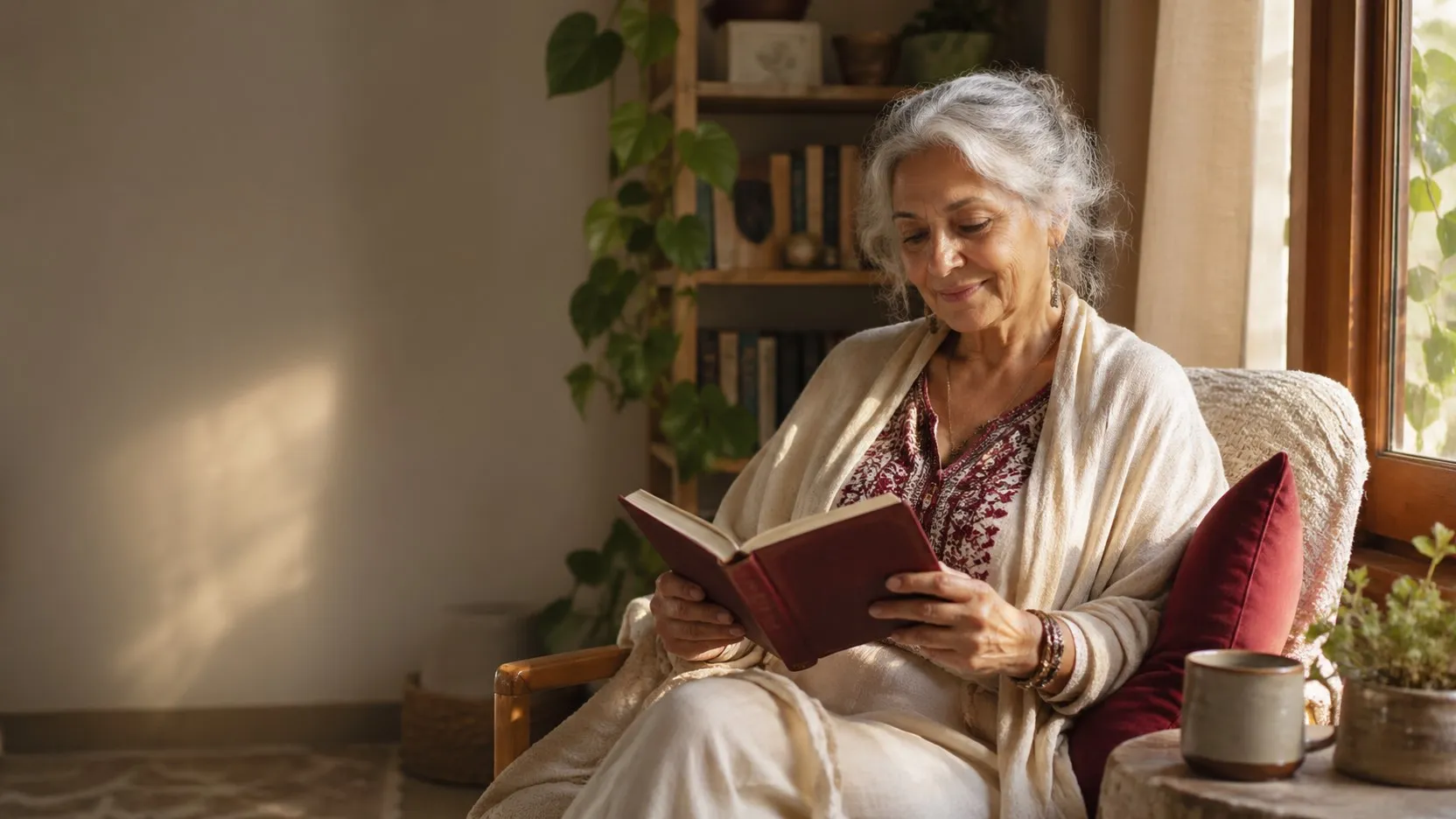 Mujer mayor leyendo un libro junto a una ventana iluminada por luz natural